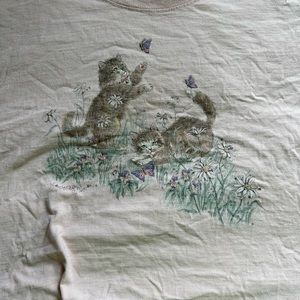 Rare Womens Cat and Flowers Tee Shirt In Pink